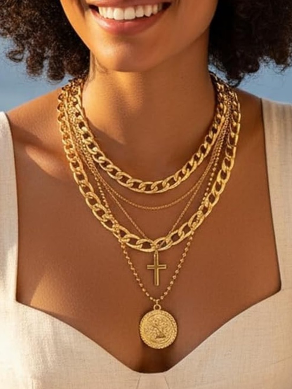 Anthropologie Multi-Layered Gold Cross and Coin Necklace
